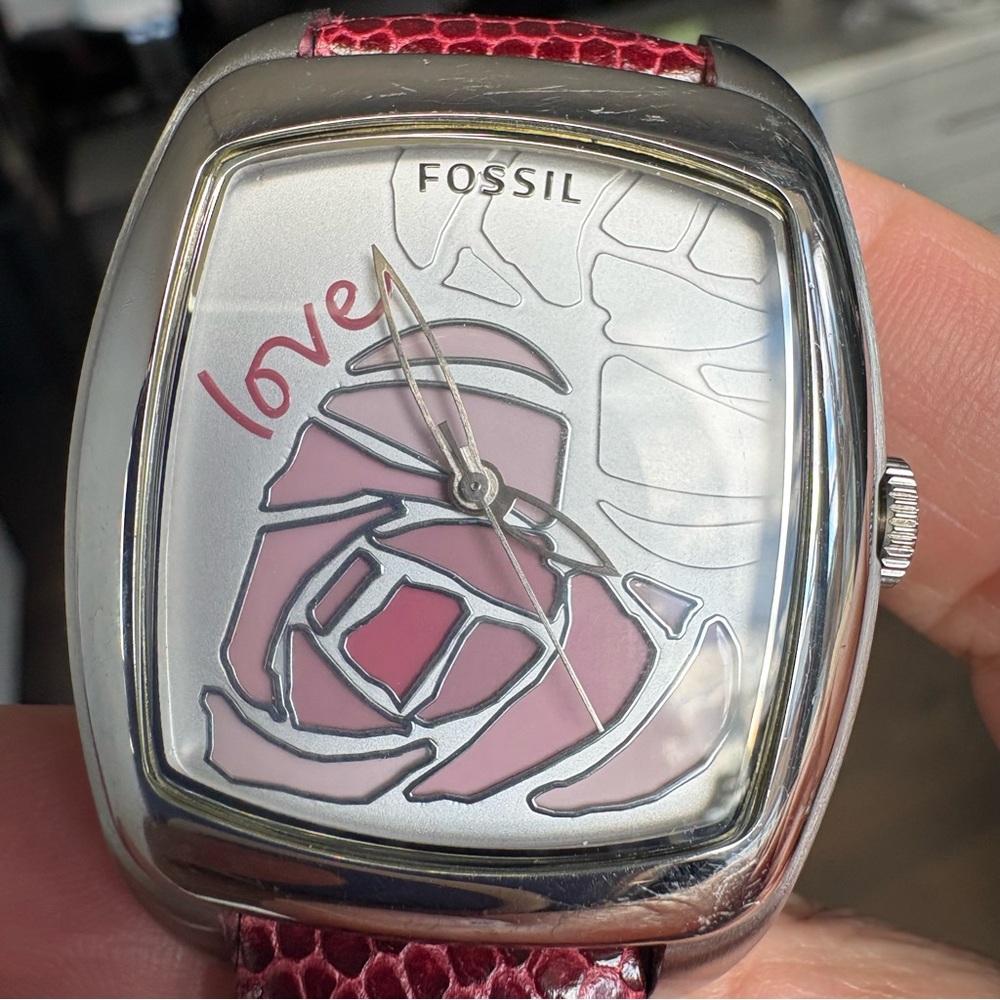 Fossil Silver Watch with Pink Rose Design